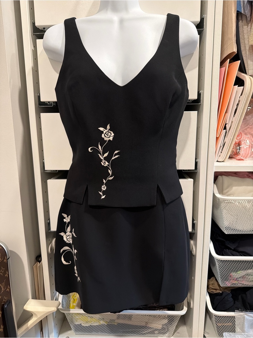 Vintage Bebe Black & White Embroidered 2-Piece Skirt Set